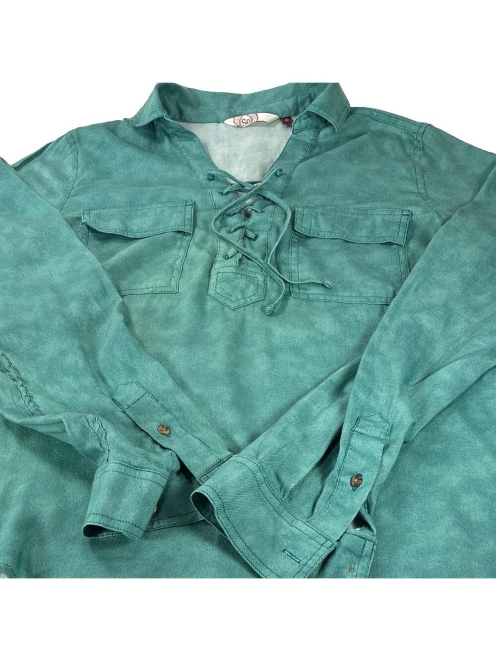 NWT SO Authentic American Heritage Lace Up Knit Top Shirt Teal Green Women SZ-M